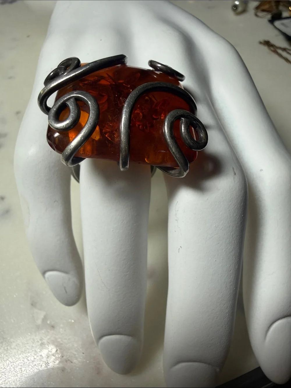 Amber Sterling Scroll-Accent  StatementRing - Brown